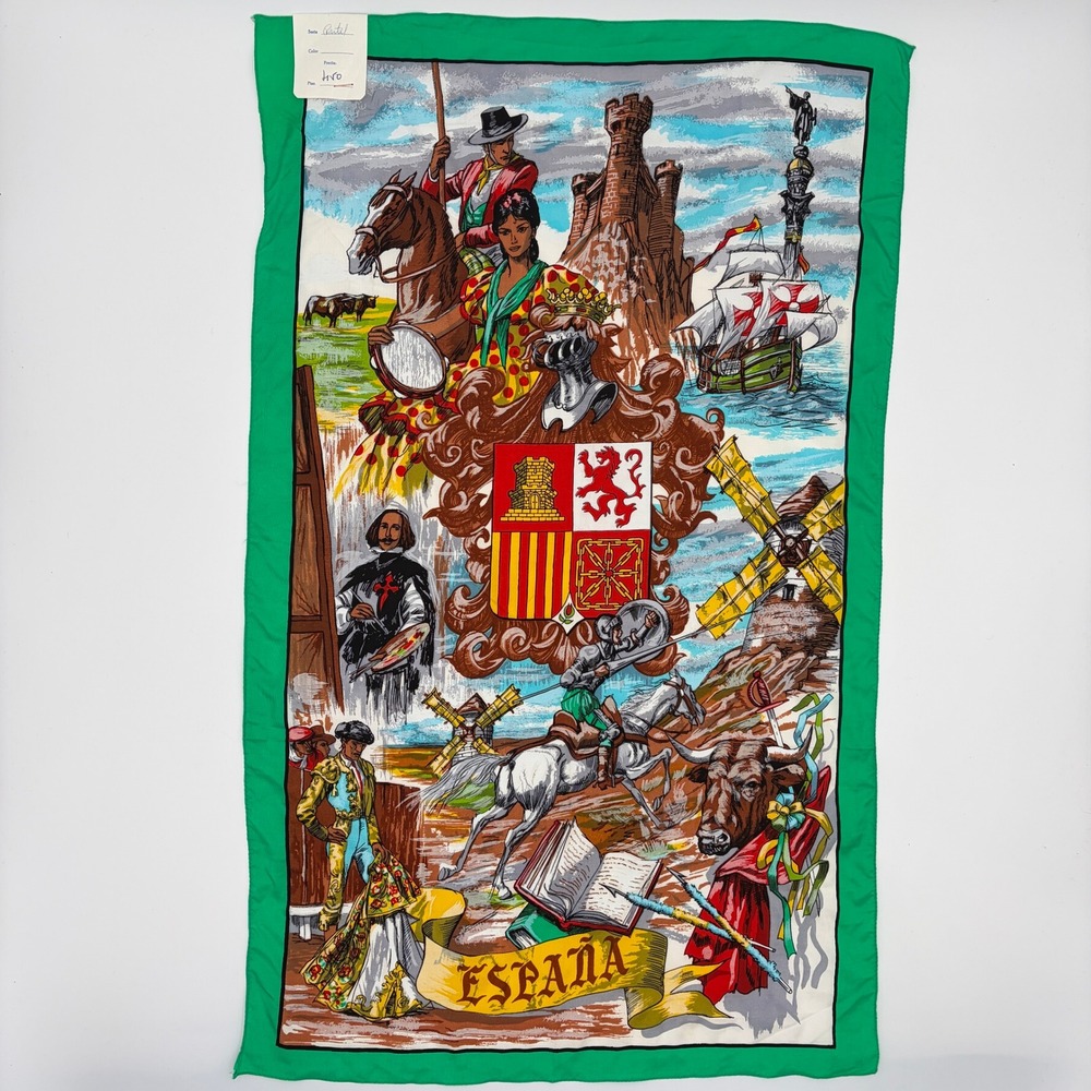Vintage Artesania Textil España Spain Souvenir Scarf Green Border 28x17.5 New